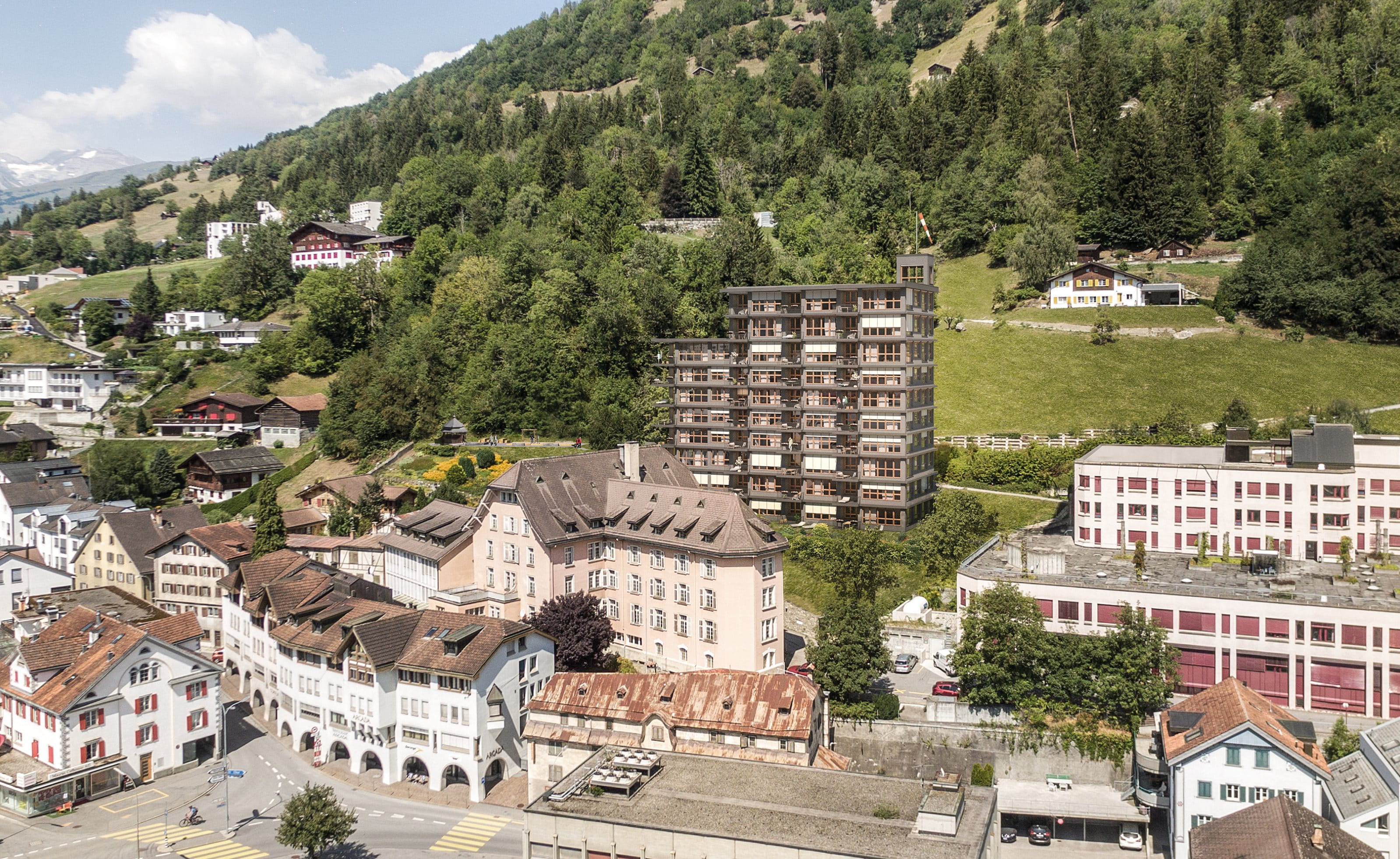 Residenza St. Joseph, Ilanz / In Ilanz (GR) entsteht ein Generationenprojekt mit insgesamt 78 Wohnungen. Wir investierten CHF 43 Millionen. Betreiber: Spitex Foppa