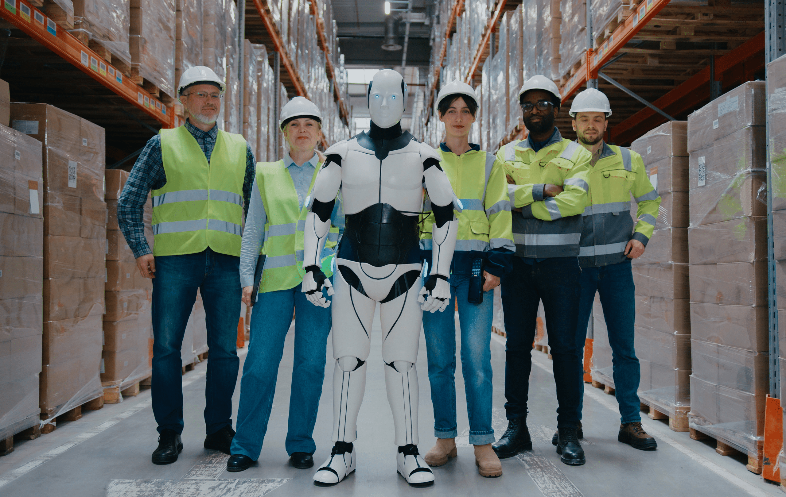 Eine Gruppe von Menschen in Sicherheitskleidung und einem Roboter in einem Lagerhaus. Eine Gruppe von Menschen in Sicherheitskleidung und einem Roboter in einem Lagerhaus.
